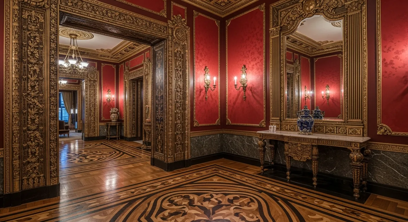 A Lavish Art Deco Home With Opulent Space is Defined by Intricate Architectural Molding, Geometric Wall Patterns, and Elaborate Floor Inlays