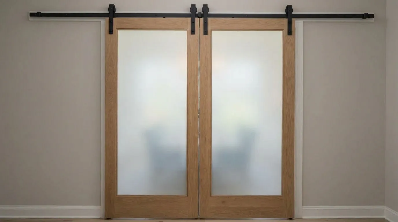 A Light Oak Wood Translucent Paneled Barn Doors