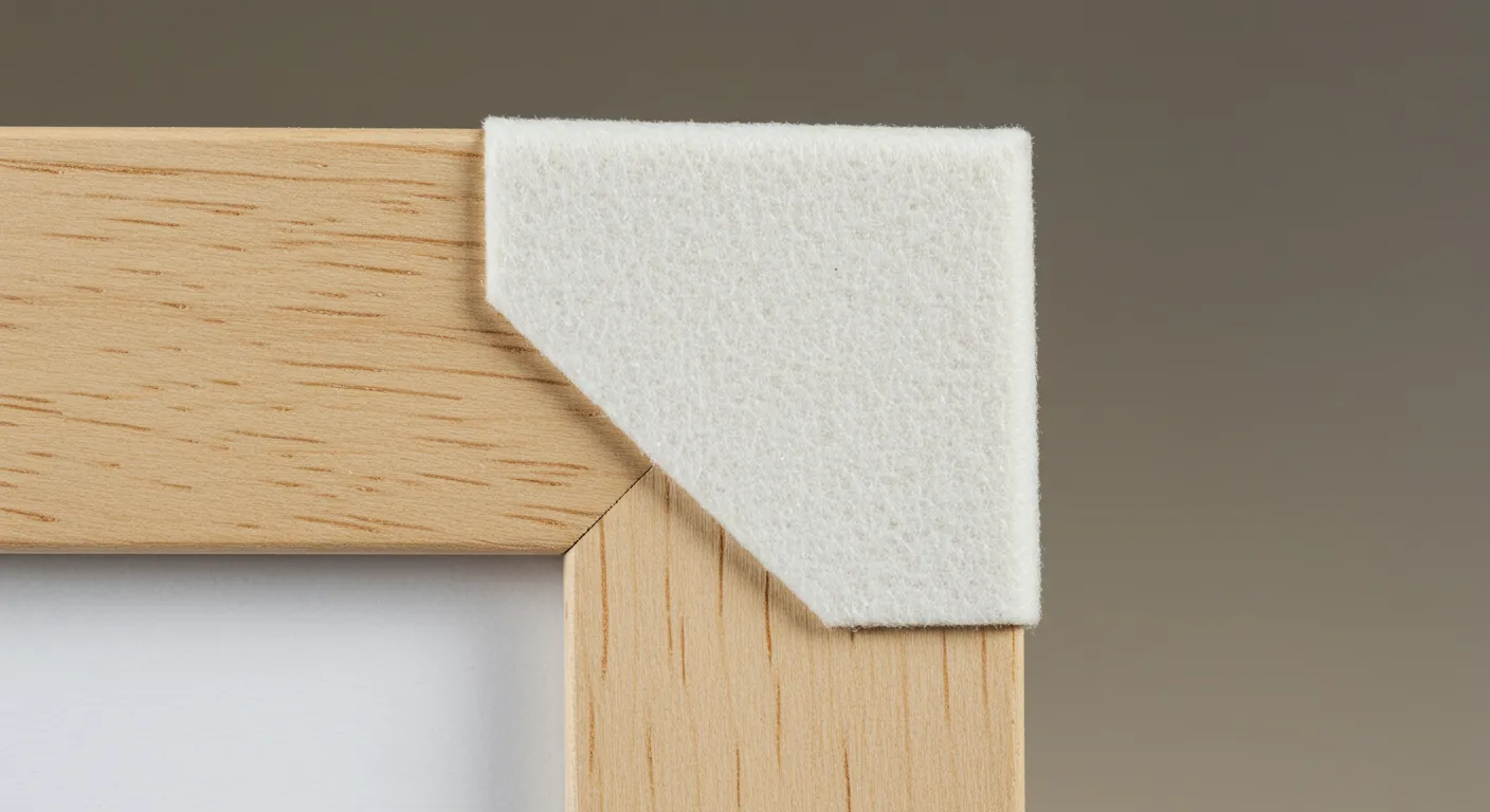 A Light Wood Frame Corner With Hook-and-Loop Tape to Stick Frame on the Wall
