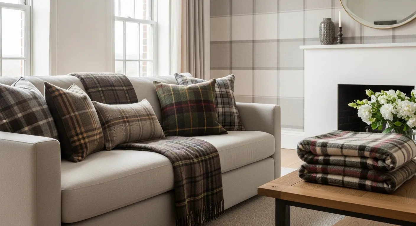 A Living Room Interior With a Luxurious Deep Cream Linen Sofa, Upon Which a Plush, Rich Tartan Plaid Throw, Woven From Premium Wool