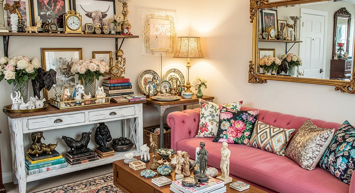 A Living Room That Exemplifies Visual Clutter and Clashing Design Styles