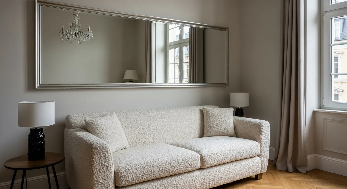 A Living Room With Limited Natural Light and a Rectangular Mirror Positioned on the Wall Directly Behind a Textured Cream-colored Sofa