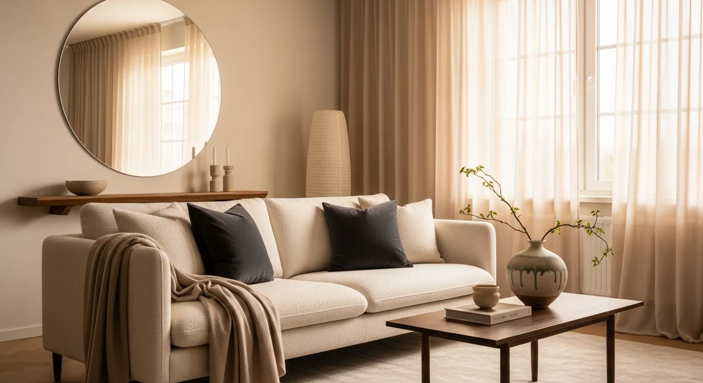 A Living Space, With Elegant Japanese Minimalism Having a Deep-seated Sofa in Creamy Boucle Fabric, Adorned With Plush Charcoal Velvet Cushions