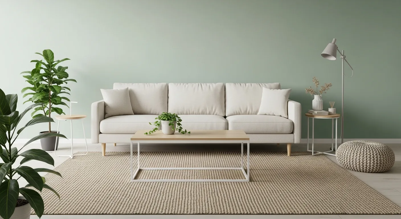 A Long, Light Cream Three-Seater Sofa is Centered Against a Soft Sage Green Wall