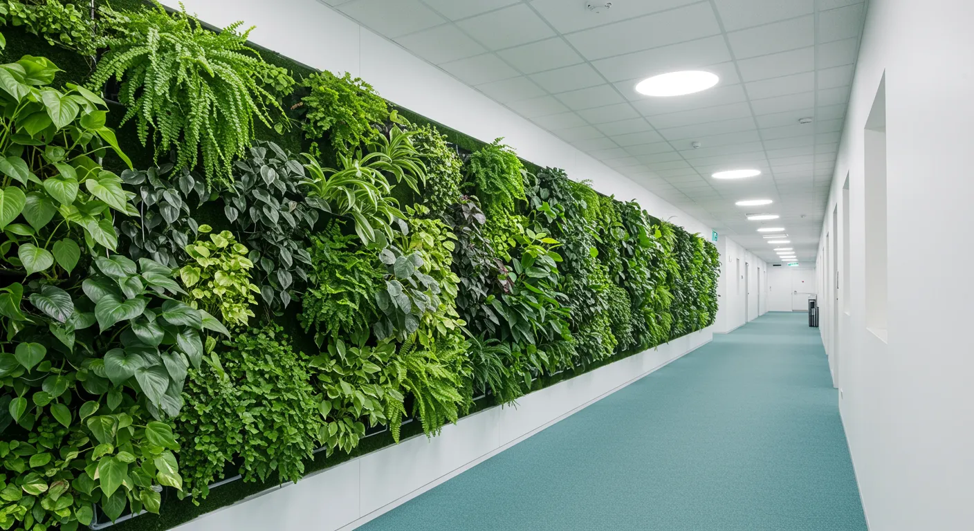 A Long, Sophisticated Vertical Garden Stretching Horizontally Along a Pristine White Wall in a Modern Office Hallway