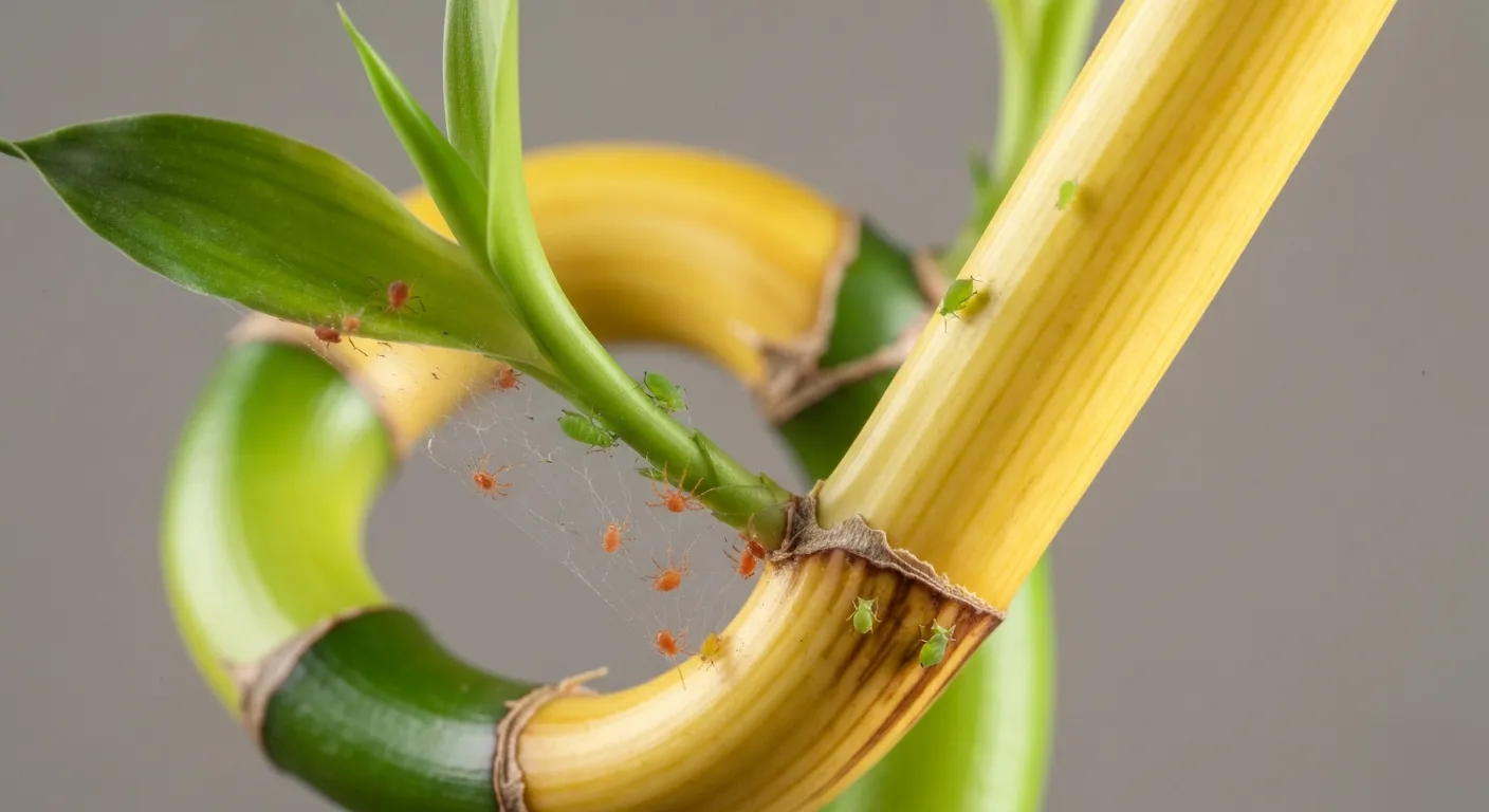 A Lucky Bamboo Plant, Reveals Tiny, Vibrant Red Spider Mites and Small Green Aphids Clustered on the Stalks