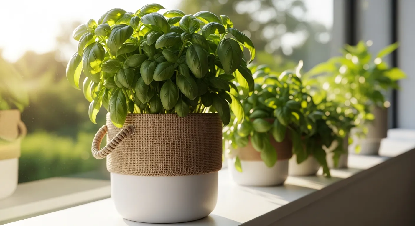 A Lush, Vibrant Green Basil Plant With Abundant, Healthy Leaves, is Planted in a Two-tone Pot