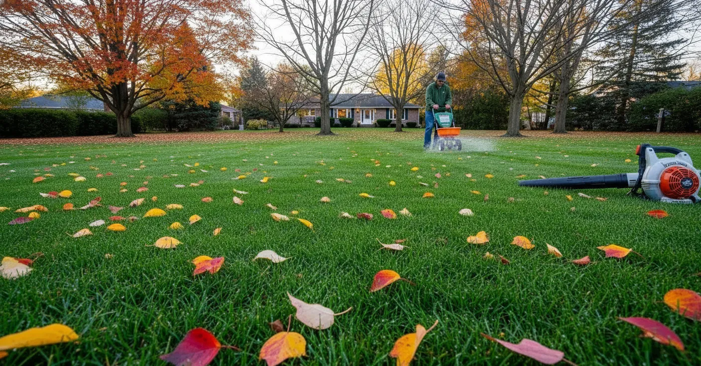 A Lush, Vibrant Green Lawn Undergoing Winterization on a Crisp Late Autumn Afternoon