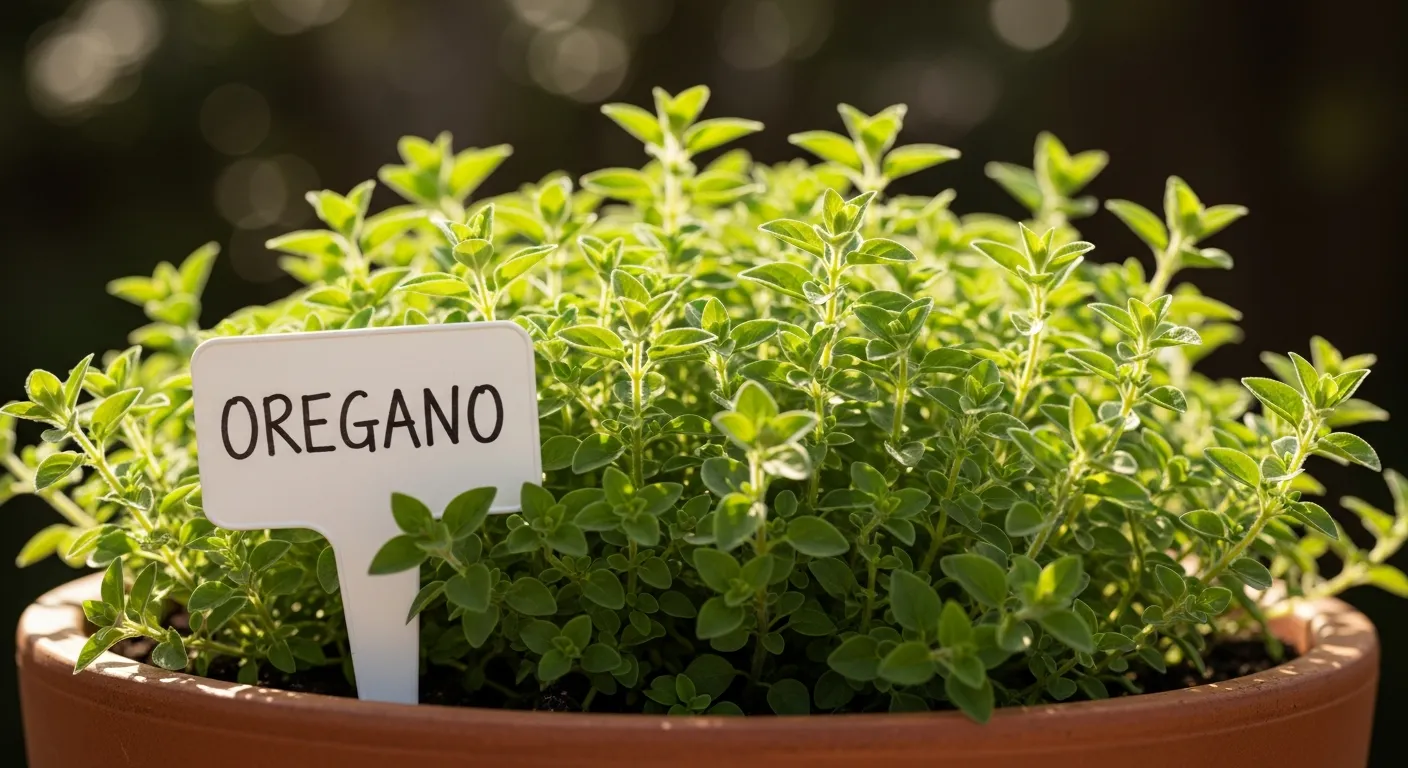 A Lush, Vibrant Green Oregano Plant, Potted in a Rustic Terracotta Planter