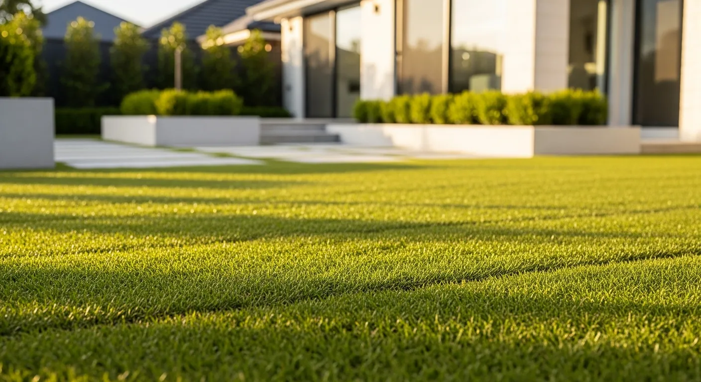 A Lush, Vibrant Green Sir Walter Roll-on Turf, Freshly Laid and Perfectly Seamed, Creating an Instantly Pristine and Inviting Lawn