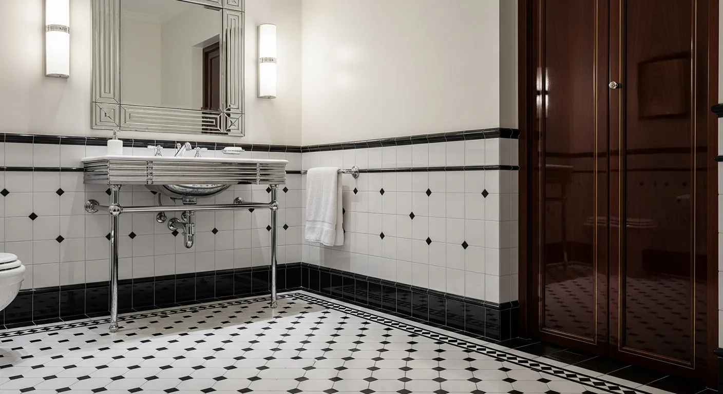 A Luxurious Art Deco Bathroom With Gleaming Geometric Tiles Cover the Floor and Lower Walls
