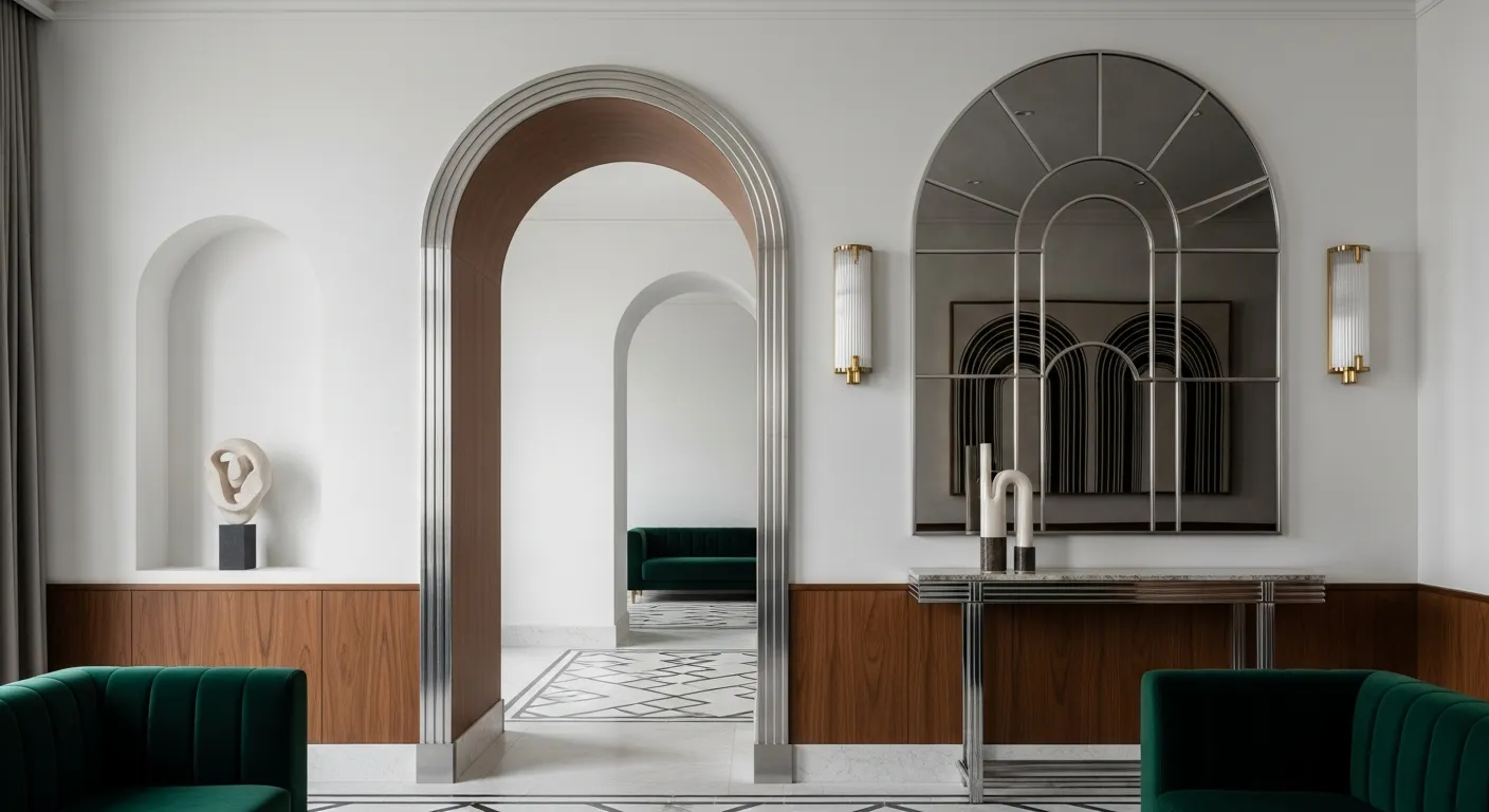 A Luxurious Art Deco Interior With a Grand, Symmetrical Arched Doorway Dominates the Center, Leading to Another Room