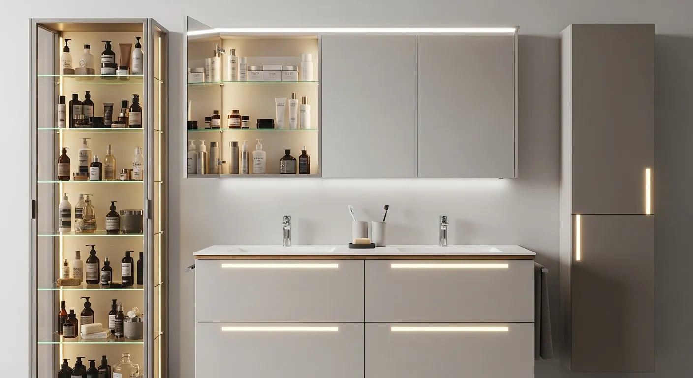 A Luxurious Bathroom Interior With Double Vanity Unit, And Medicine Cabinets