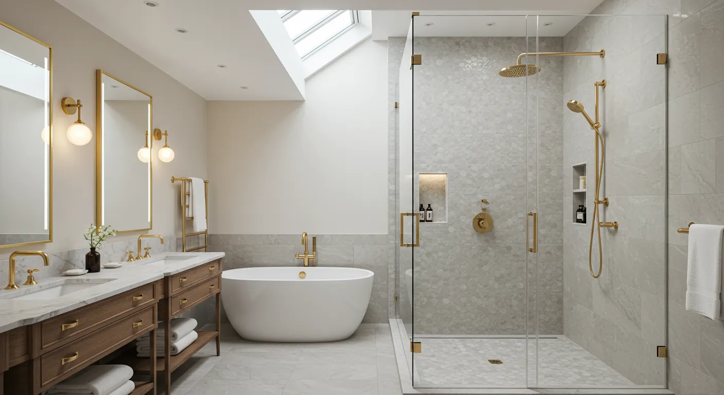 A Luxurious Bathroom With Skylight and Glass Door Shower A Luxurious Bathroom With Skylight and Glass Door Shower