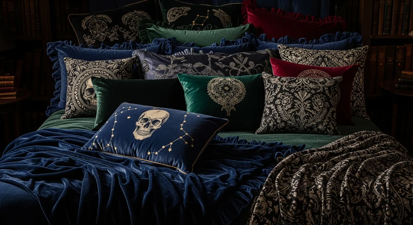 A Luxurious Bed Styled in a Rich Dark Academia Aesthetic Layered With Velvet Throws and an Abundance of Assorted Velvet Pillows