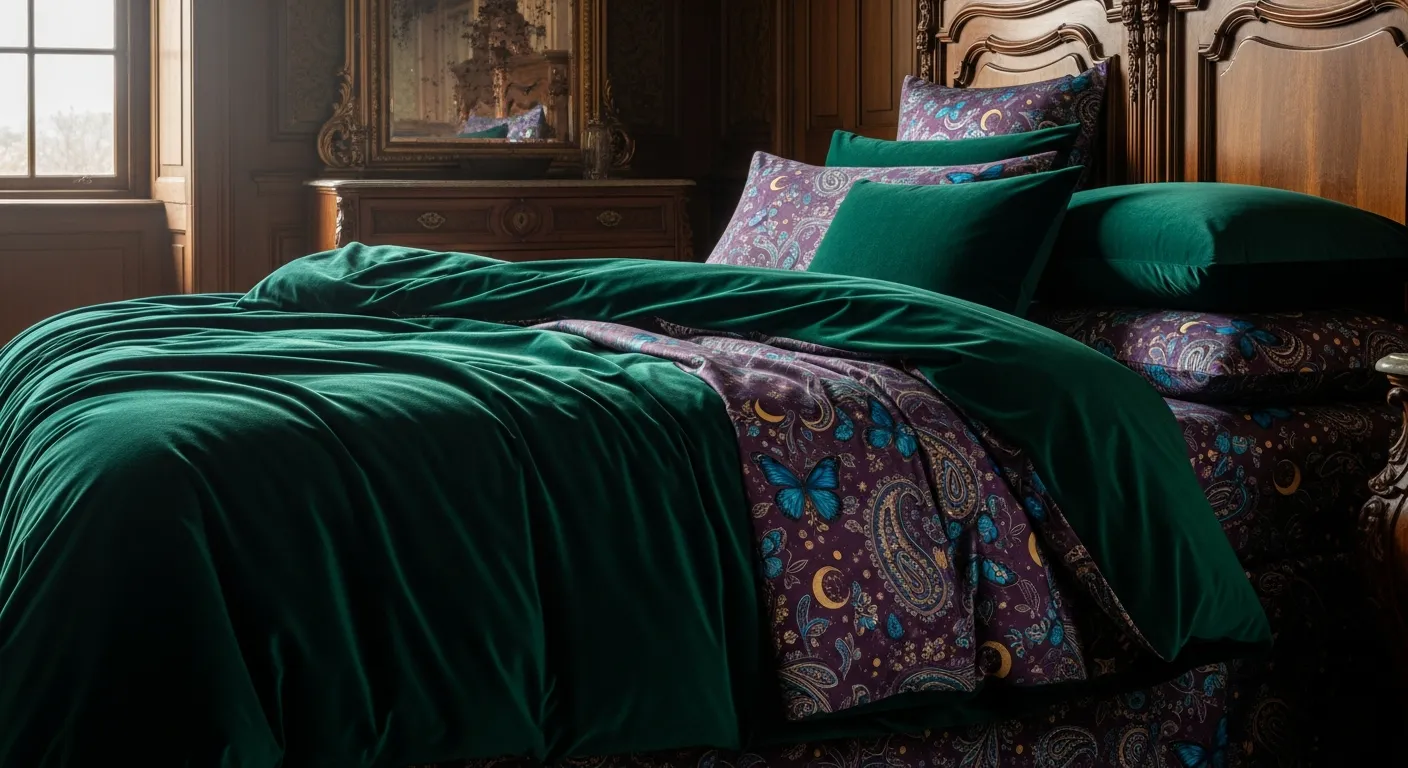A Luxurious Bed in a Grand, Dimly Lit Bedroom of an Old, Opulent Estate