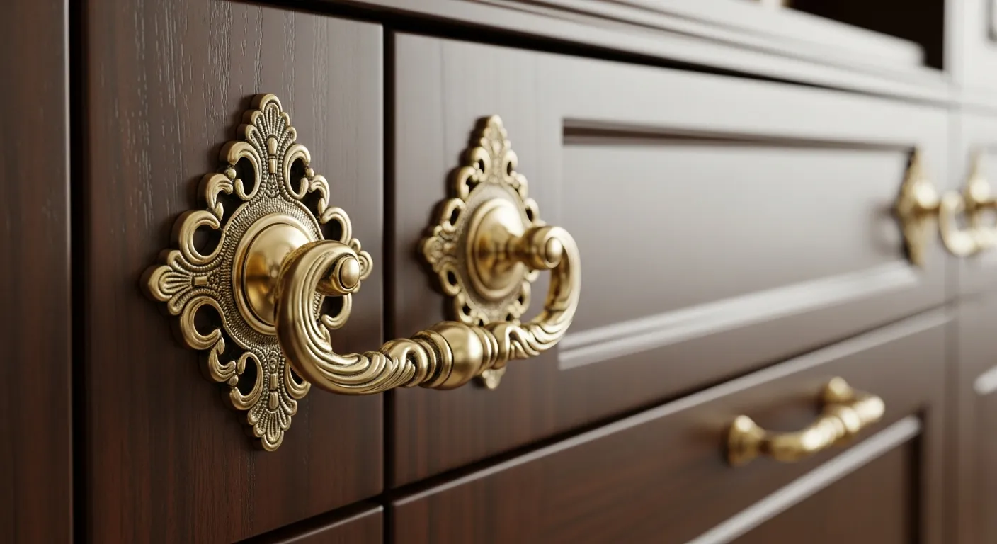 A Luxurious Cabinet Hardware Meticulously Crafted Drawer Pull Made of Polished Brass With an Intricate, Ornate Rococo Design