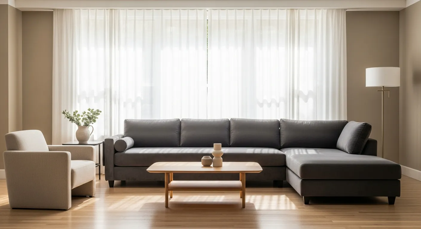 A Luxurious, Comfortable Charcoal Grey Sectional Sofa, Precisely Positioned Along the Longest Wall