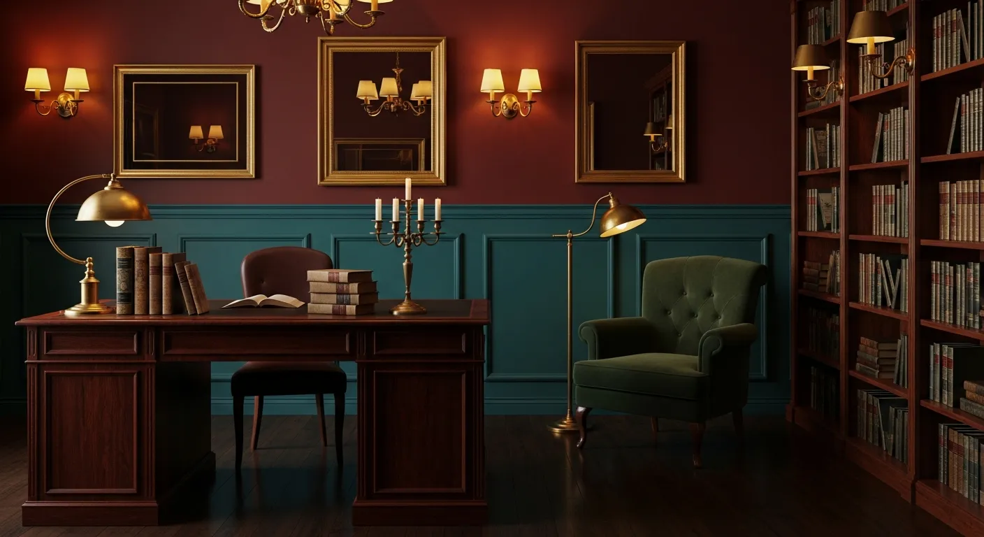 A Luxurious Dark Academia Study With Deep Teal Quarter of the Way Up the Walls, Transitioning Seamlessly Into Rich Burgundy Painted Walls Above