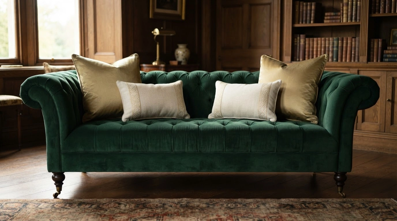 A Luxurious, Deep Emerald Green Velvet Traditional Chesterfield Sofa With Four Plush Decorative Pillows