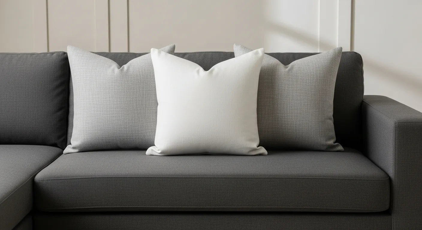 A Luxurious, Deep Gray Linen Sectional Couch, With a Pristine White, and  Sophisticated Light Gray Throw Pillows Meticulously Arranged on It