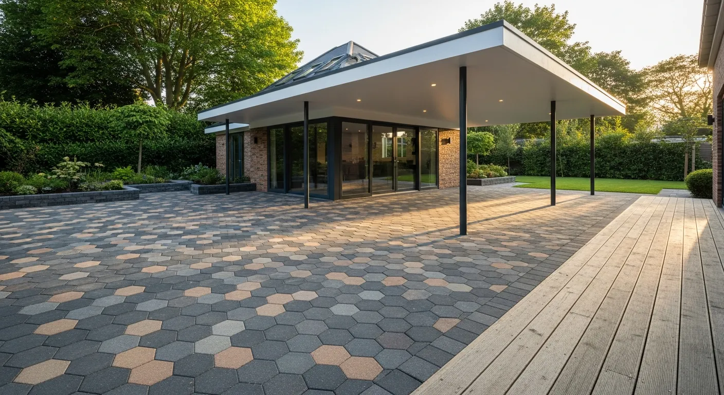 A Luxurious Hexagonal Paver Patio Extension With an Elegant, Modern Roof Design