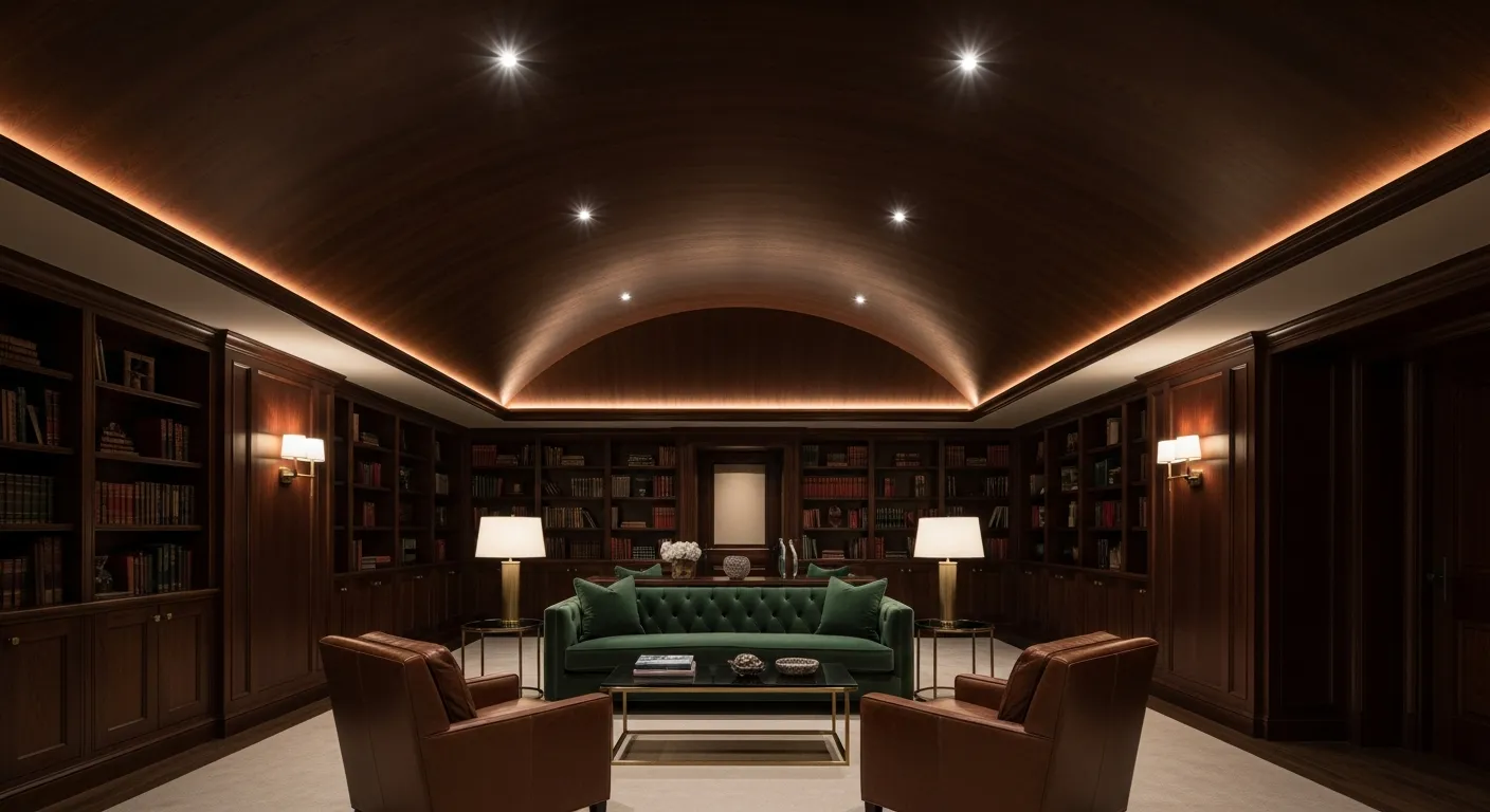 A Luxurious, High-ceilinged Basement Interior Designed as an Opulent Library Lounge With a Rich, Dark Chocolate Brown Vaulted Ceiling