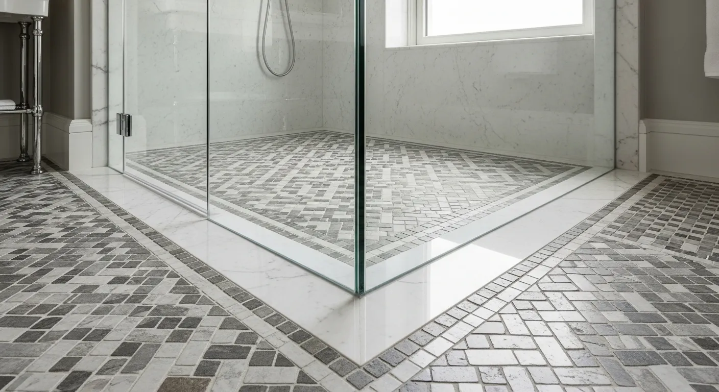 A Luxurious, High-end Bathroom With an Exquisite Basketweave Flooring Crafted From Small, Natural Stone Tiles