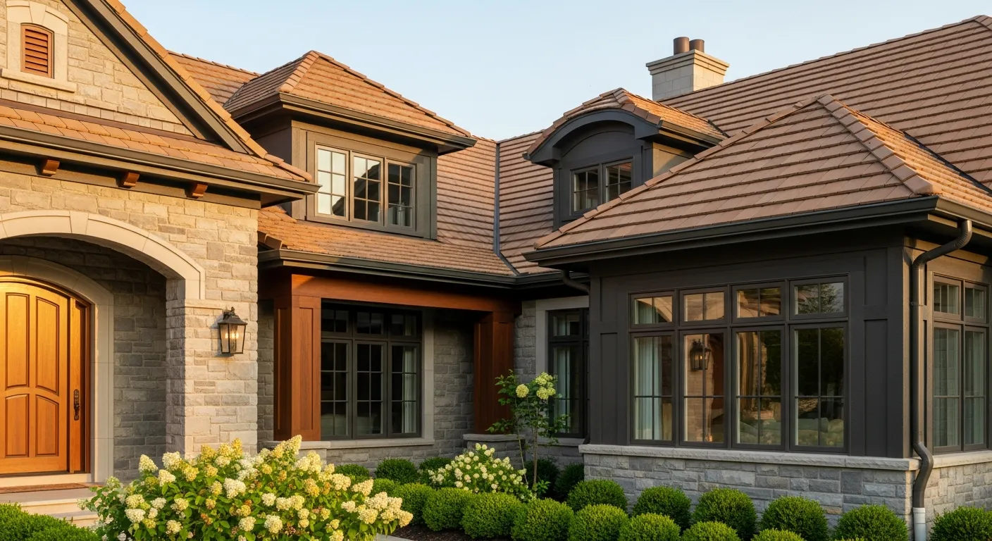 A Luxurious Home Exterior With the Main Facade is Constructed From Warm Stone Gray, Providing a Sophisticated and Inviting Aesthetic