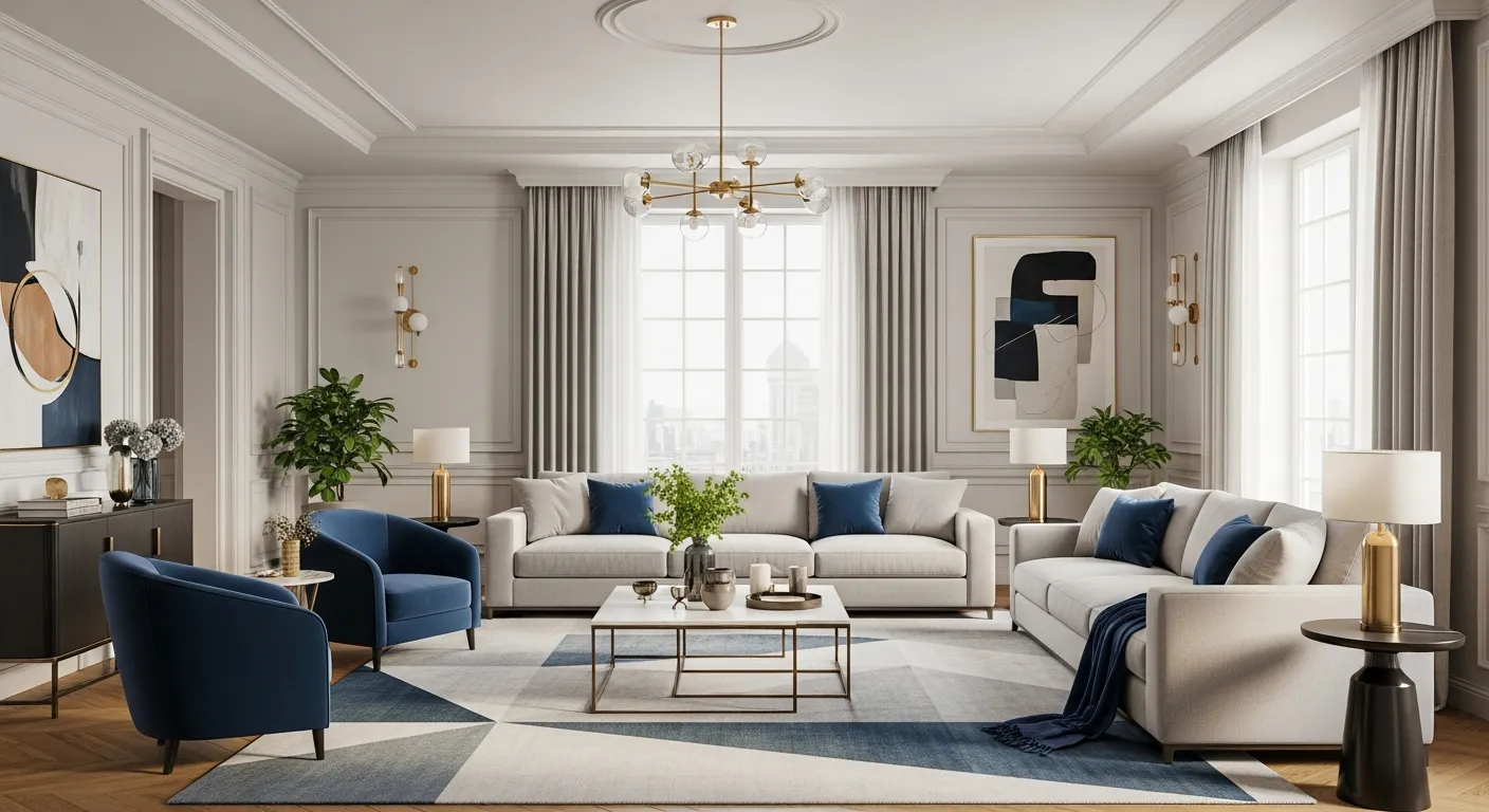 A Luxurious Living Room, Meticulously Curated to Embody the Golden Ratio and the 60-30-10 Color Rule