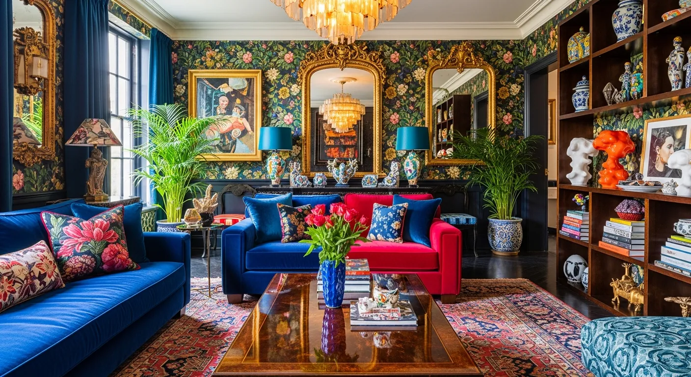 A Luxurious Maximalist Living Room Interior With a Riot of Vibrant, Contrasting Colors and Rich Textures Defines the Space
