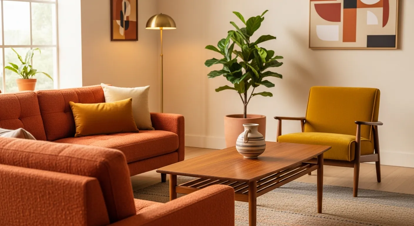 A Luxurious Mid-century Modern Living Room Interior With an Authentic Warm Color Palette