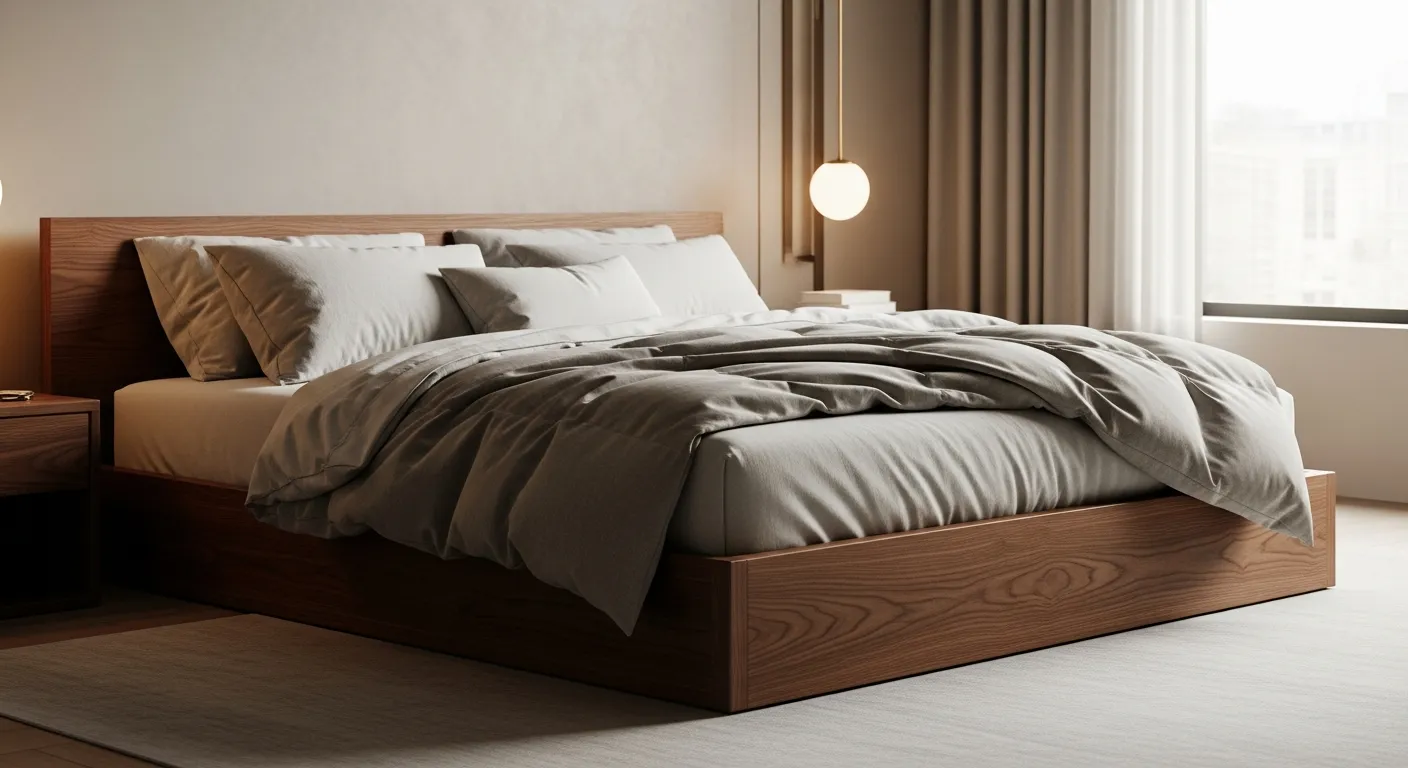 A Luxurious, Minimalist Bedroom Interior Focuses on a Sleek, Sturdy, Modern Platform Bed Frame