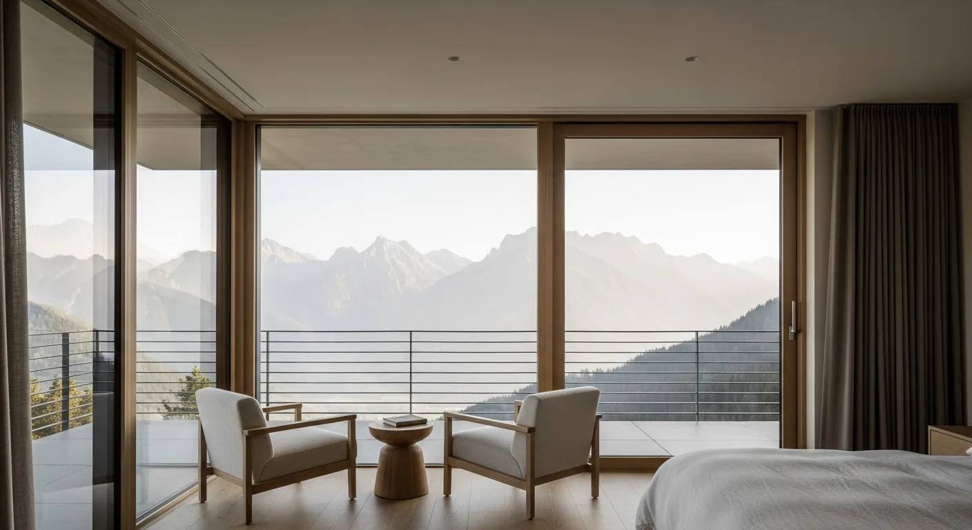 A Luxurious, Minimalist Bedroom Interior With a Private Balcony, Featuring Expansive Floor-to-ceiling Glass Doors