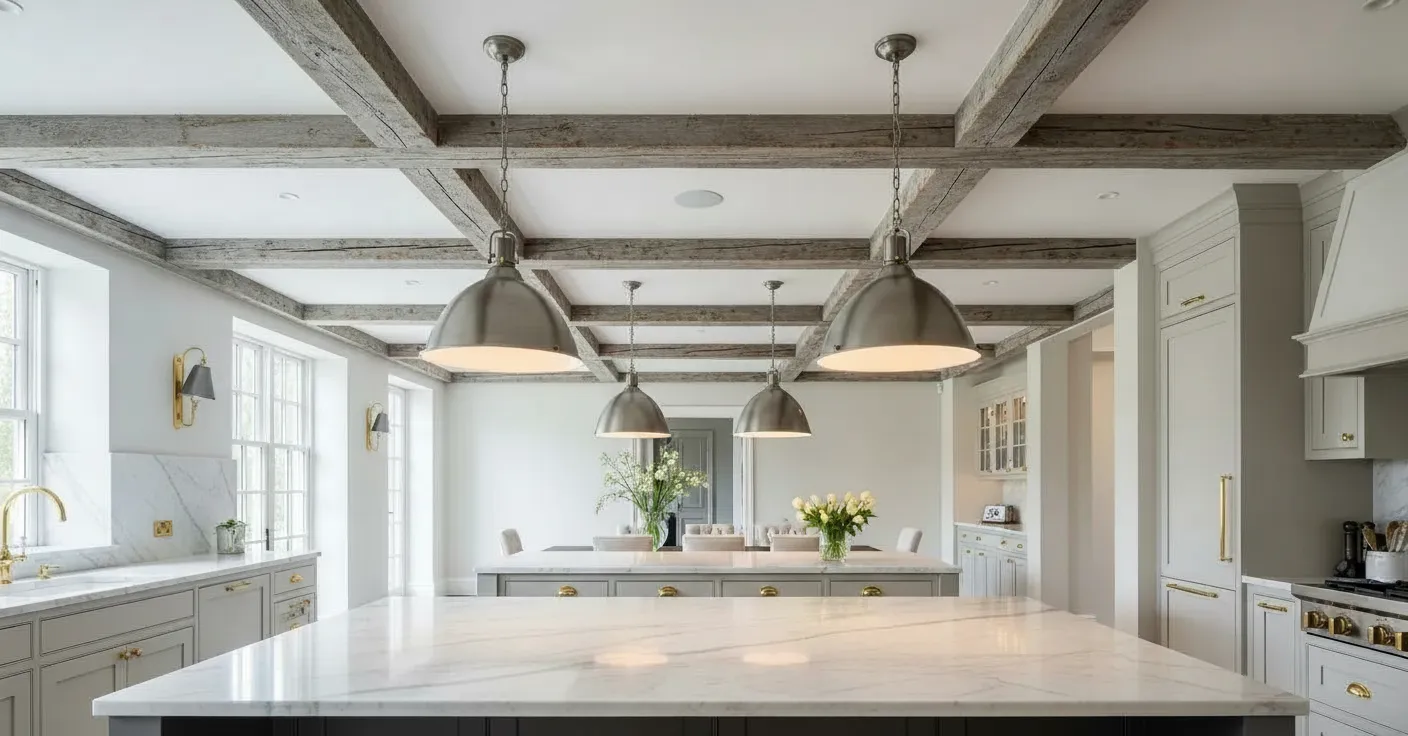 A Luxurious Modern Country Kitchen With Spacious Central Kitchen Island, Featuring a Gleaming White Carrera Marble Countertop