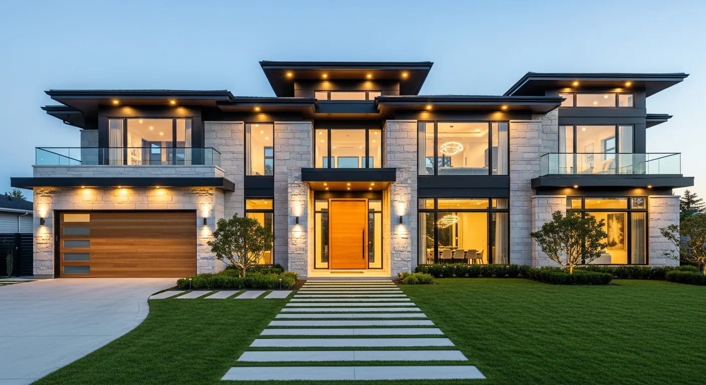 A Luxurious, Modern House Featuring a Striking Contemporary Design With Multi-level Flat Roofs, Dark Grey Eaves, Fascia, and Structural Elements