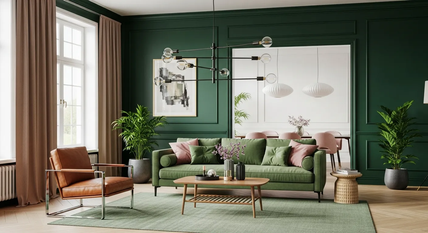 A Luxurious, Modern Living Room With Deep Emerald Green Walls Featuring Classical Molding