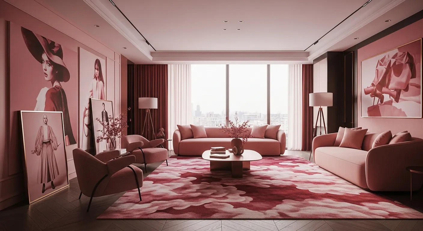A Luxurious Modern Living Room With a Monochromatic Color Scheme of Soft Pinks, Deep Reds, and Elegant Rose Hues