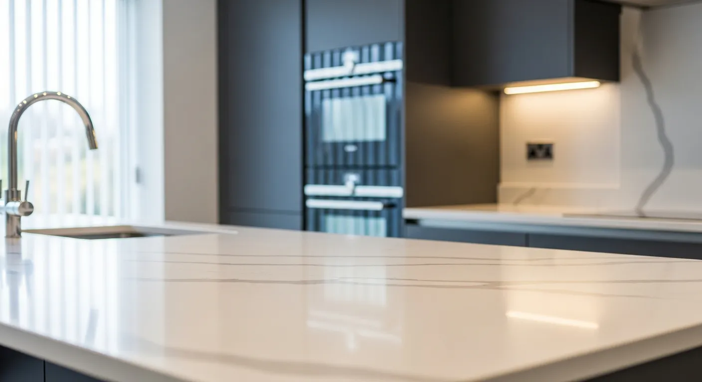 A Luxurious, Newly Installed Kitchen Countertop Made of Premium Polished Quartz, Featuring Elegant White With Subtle Grey Veining
