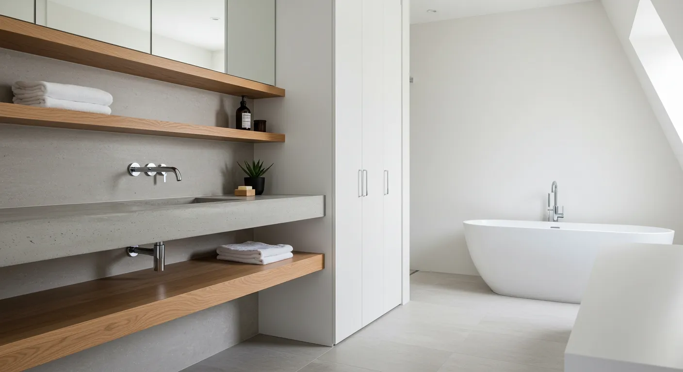 A Luxurious, Open-layout Minimalist Bathroom Interior With a White Storage