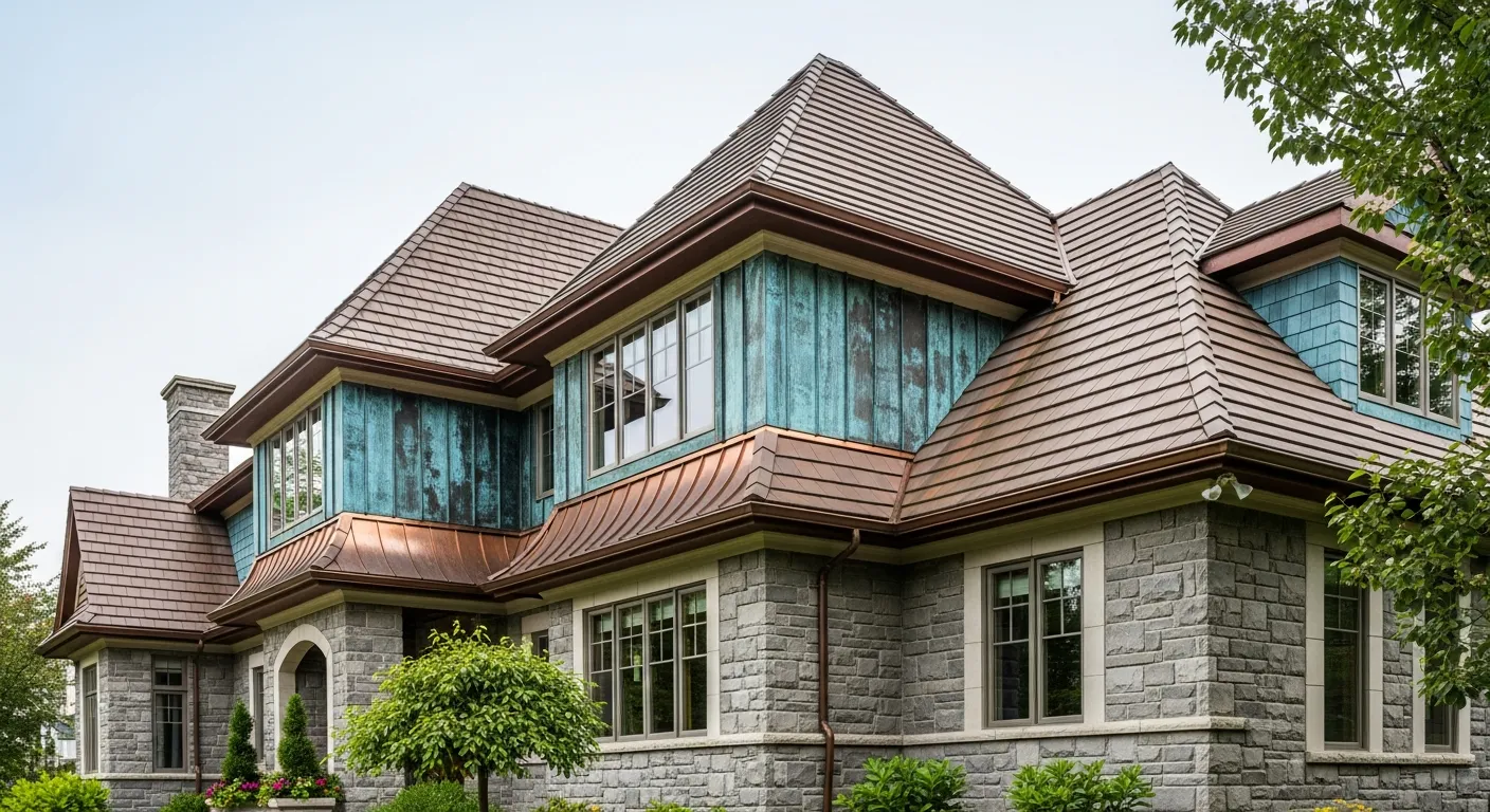 A Luxurious Residential Exterior Facade With Steeply Pitched Roof Features Deep, Earthy Brown Tiles With a Warm, Coppery Undertone