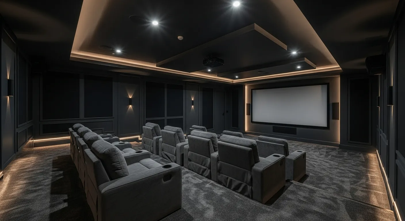 A Luxurious, Sophisticated Basement Movie Room Designed in a Deep Charcoal and Matte Black Color Palette
