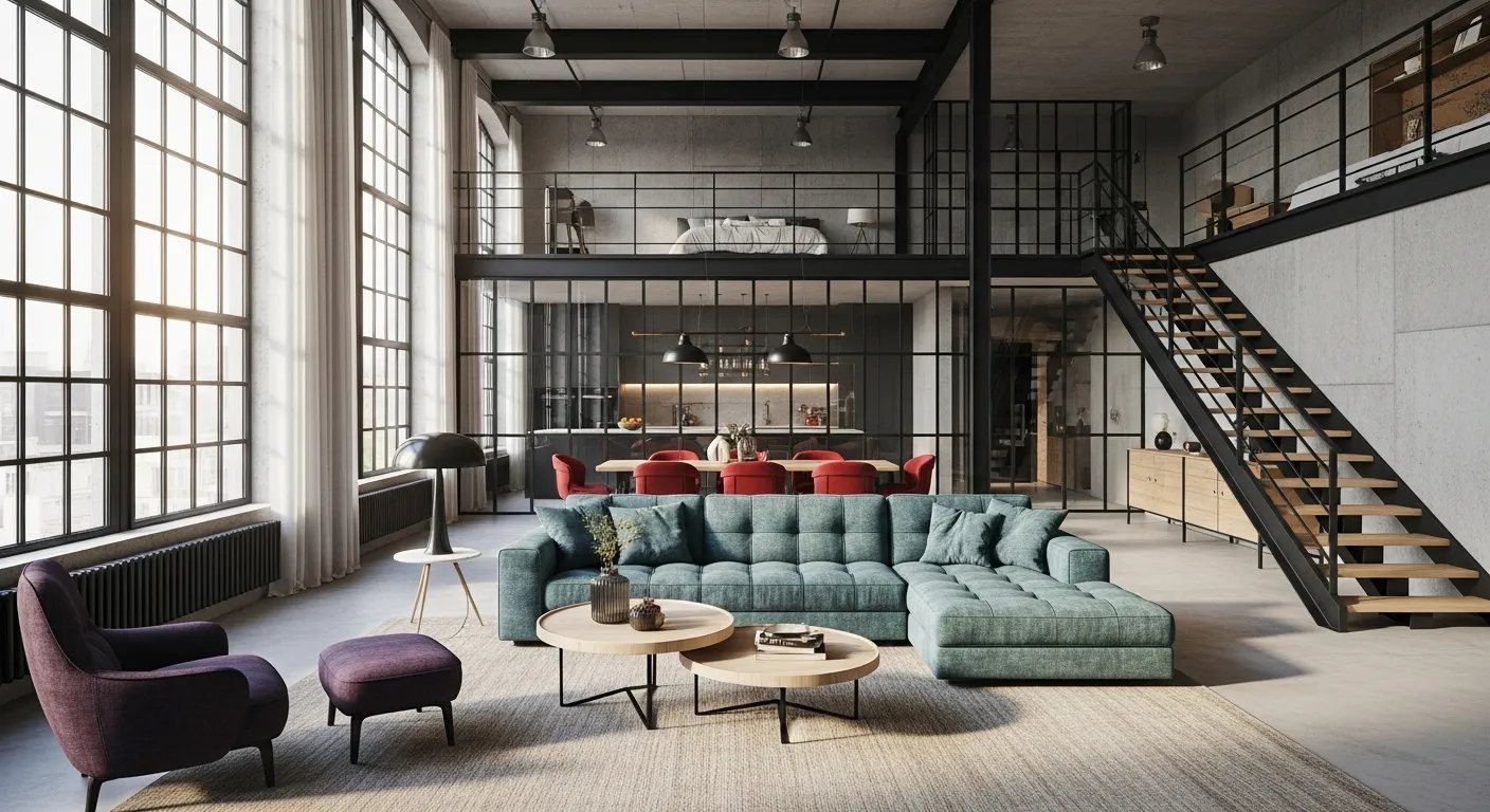 A Luxurious, Spacious Modern Industrial Loft Apartment Interior, With a Textured Teal L-shaped Sectional Sofa is Adorned With Various Throw Pillows