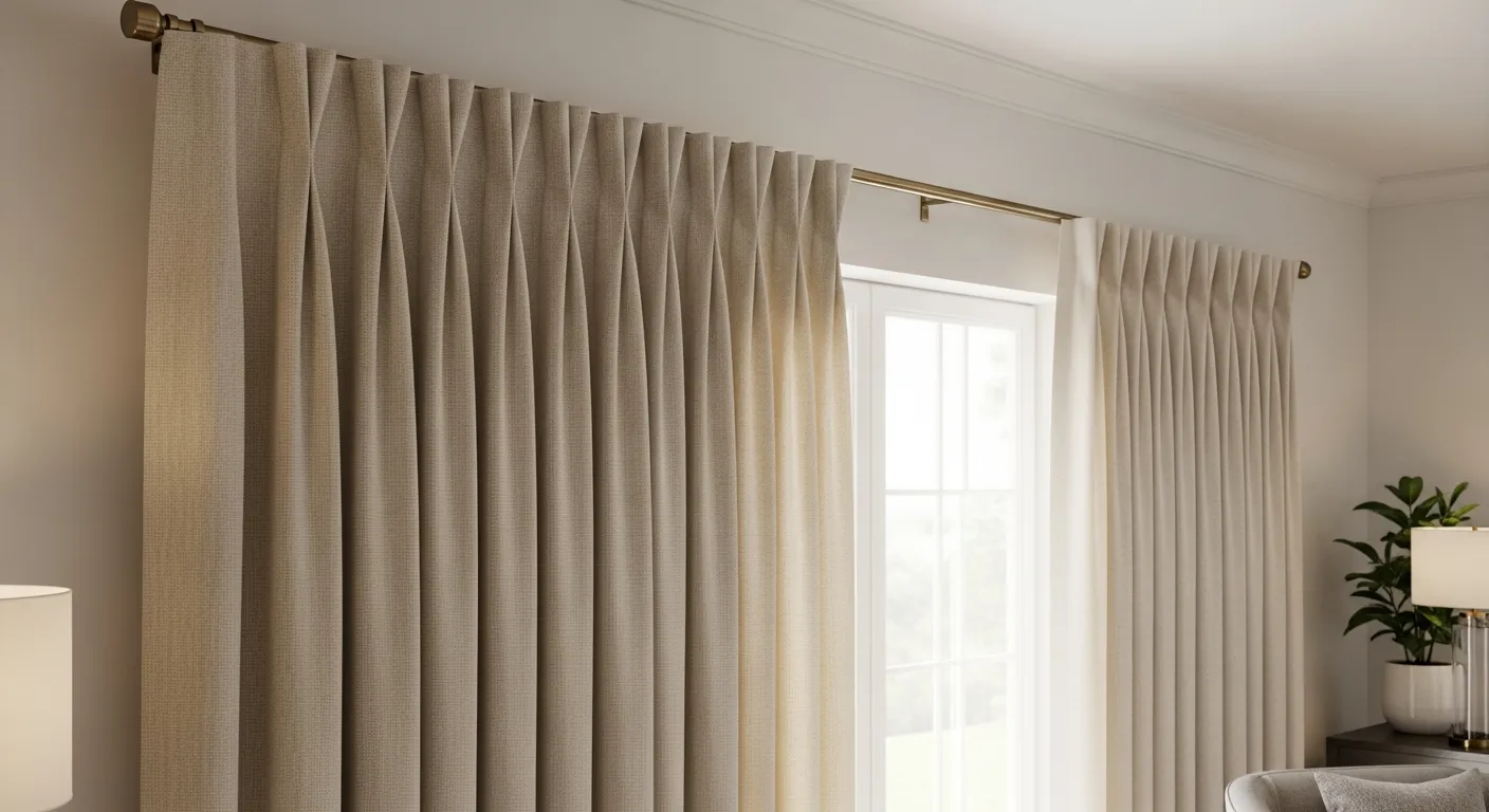 A Luxurious Triple Pinch Pleat Curtain Heading, Crafted From Rich Cream Linen Fabric With a Subtle Woven Texture
