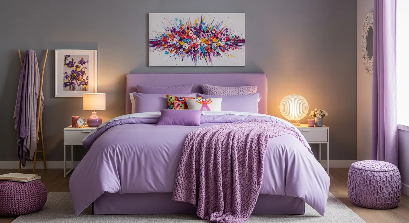 A Luxurious and Modern Bedroom Interior With a Plush King-size Bed, Beautifully Dressed in Rich Lavender Fabric, and Walls in Cool Gray