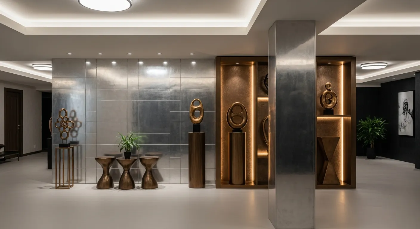 A Luxurious and Sophisticated Basement Interior, Transformed Into a Chic, Upscale Lounge Area Featuring Prominent Metallic Color Ceiling
