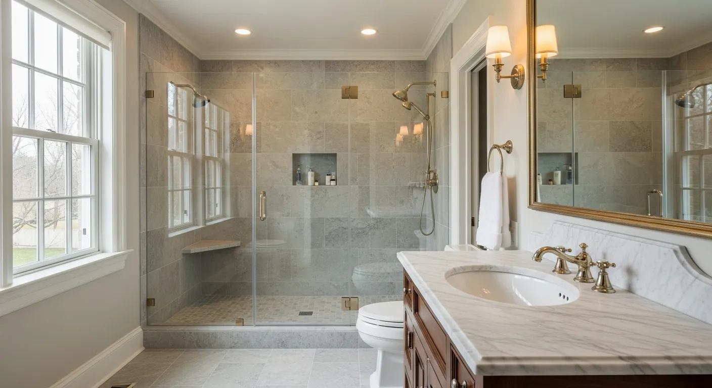 A Luxuriously Transformed, Custom Bathroom With an Expansive, Modern Walk-in Shower With Frameless Glass
