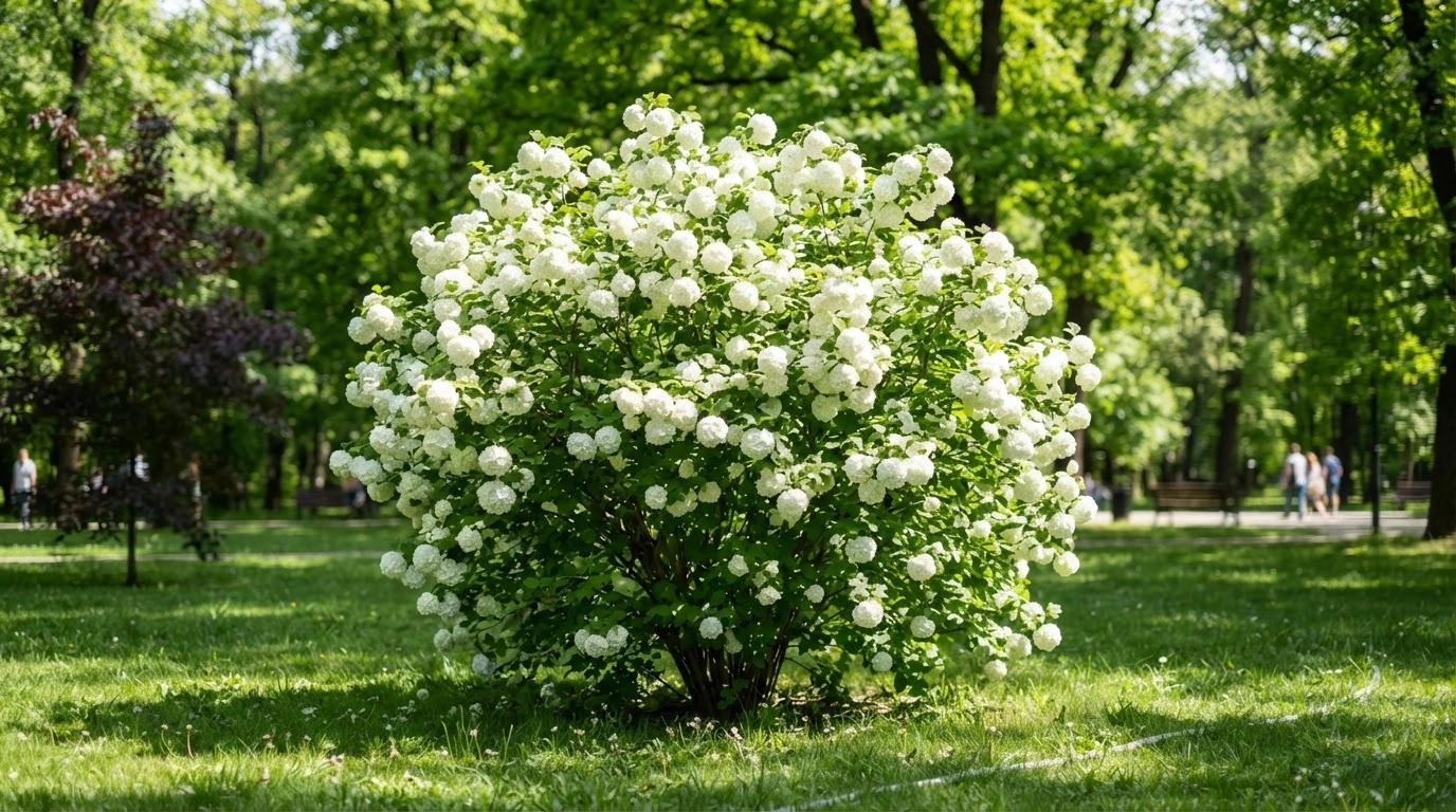 A Magnificent, Fully Bloomed Snowball Viburnum Bush