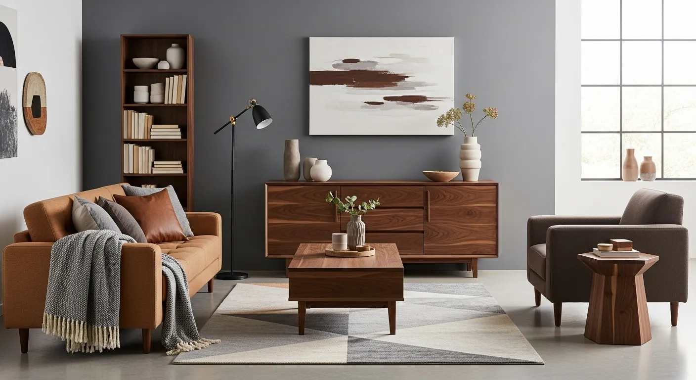 A Magnificent, Living Room With Meticulously Crafted Walnut Brown Wooden Furniture