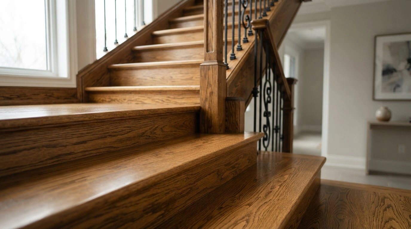 A Magnificent, Richly Stained Oak Hardwood Staircase With Warm Amber Tones